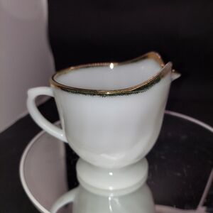 Anchor Hocking Fire King Creamer White Milk Glass Swirl Pattern And Gold Rim